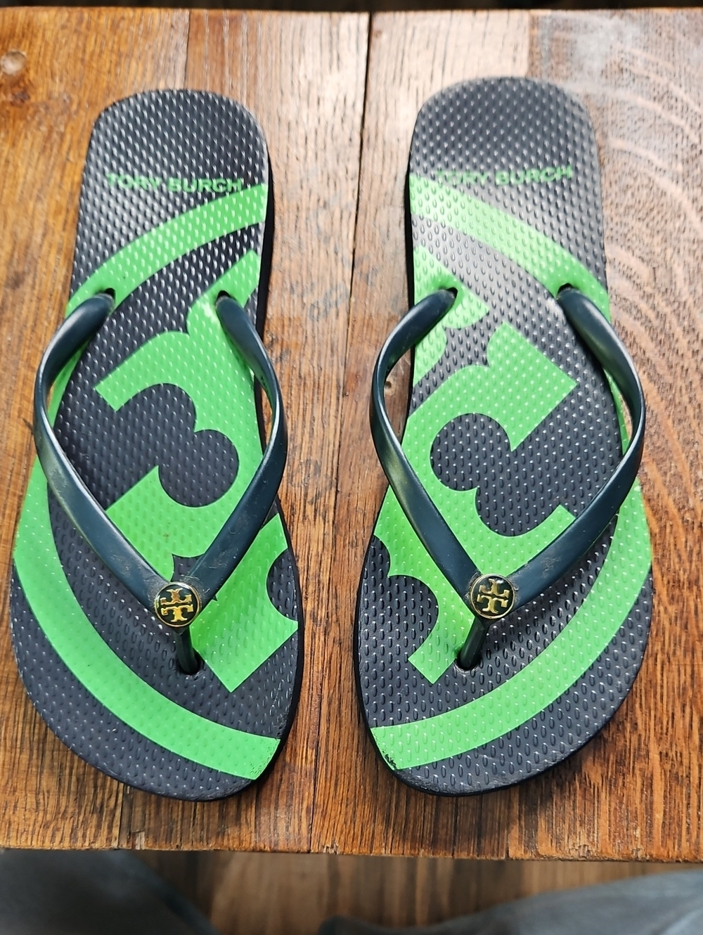 Tory Burch Navy Flip Flops with Bright Green Logo